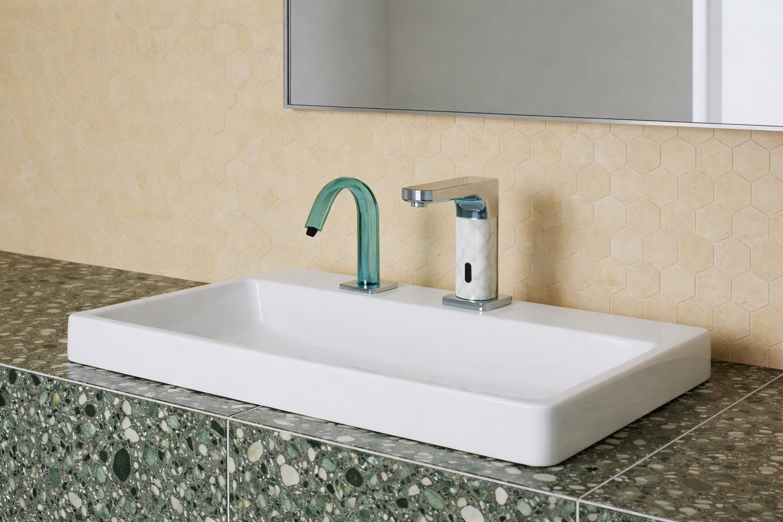 Organic sculptural black and marble faucet with manual soap dispenser styling
